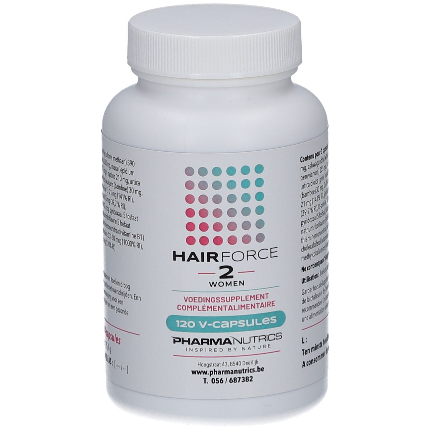 Flacon blanc de Pharmanutrics Hair Force 2 Women V-caps, 120 capsules. Points roses et gris. Texte en néerlandais.