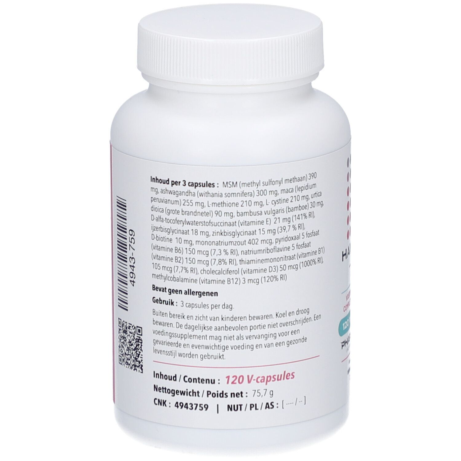 Dos du flacon blanc. Contient 120 V-capsules. Ingrédients et informations nutritionnelles. Code QR et numéro CNK.