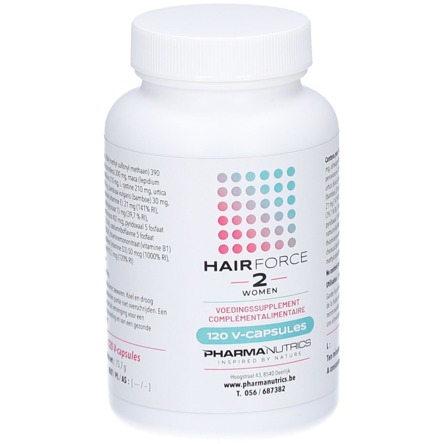 Flacon blanc de Pharmanutrics Hair Force 2 Women V-caps, 120 capsules. Points turquoise et gris. Texte en néerlandais.