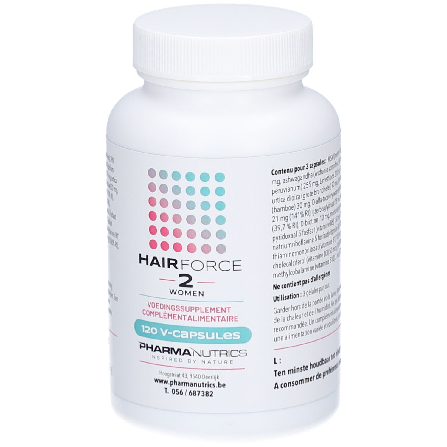 Flacon blanc de Pharmanutrics Hair Force 2 Women V-caps, 120 capsules. Texte en français.