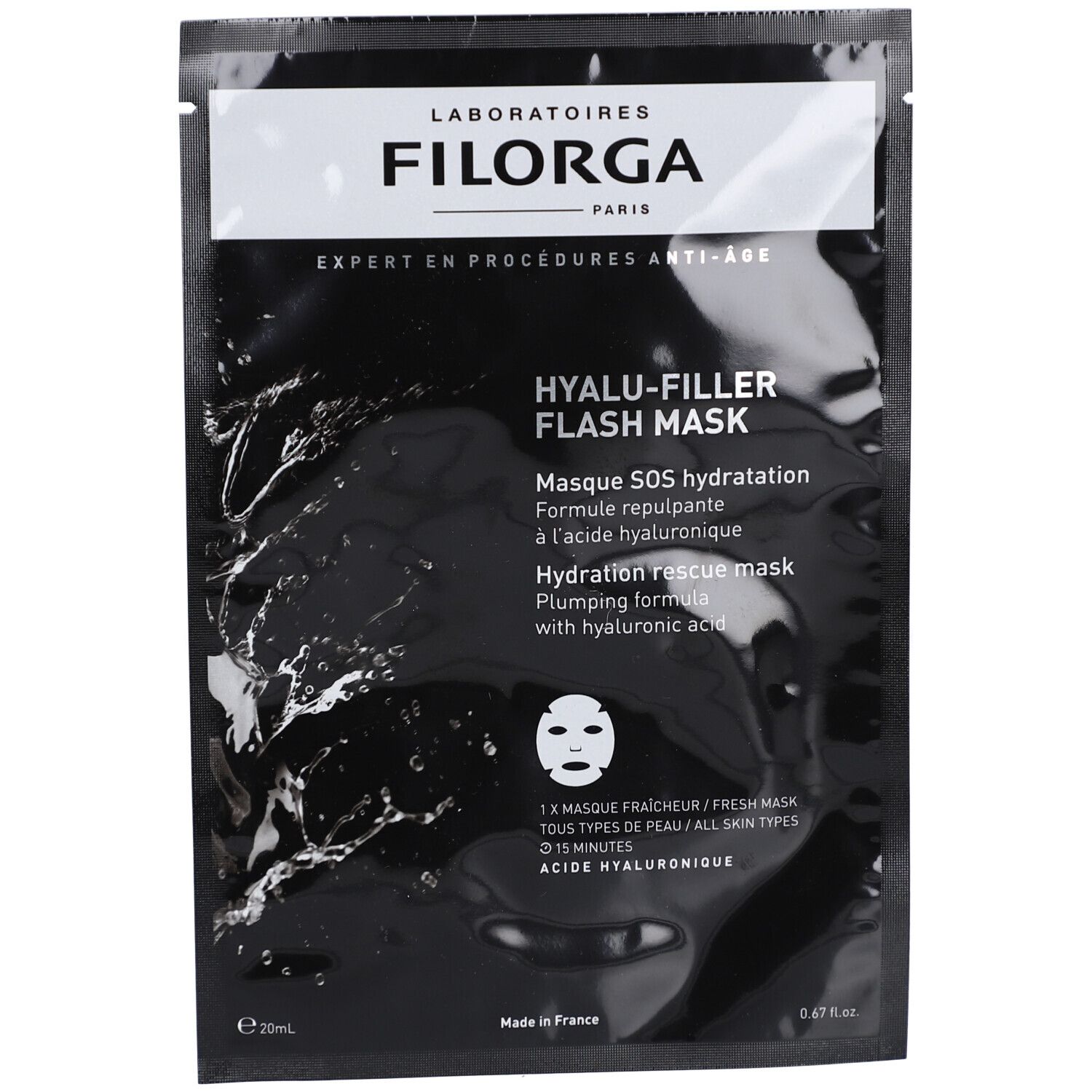 Sachet noir avec texte blanc. Contient un masque facial. Inscription : Filorga, Hyalu-Filler Flash Mask.