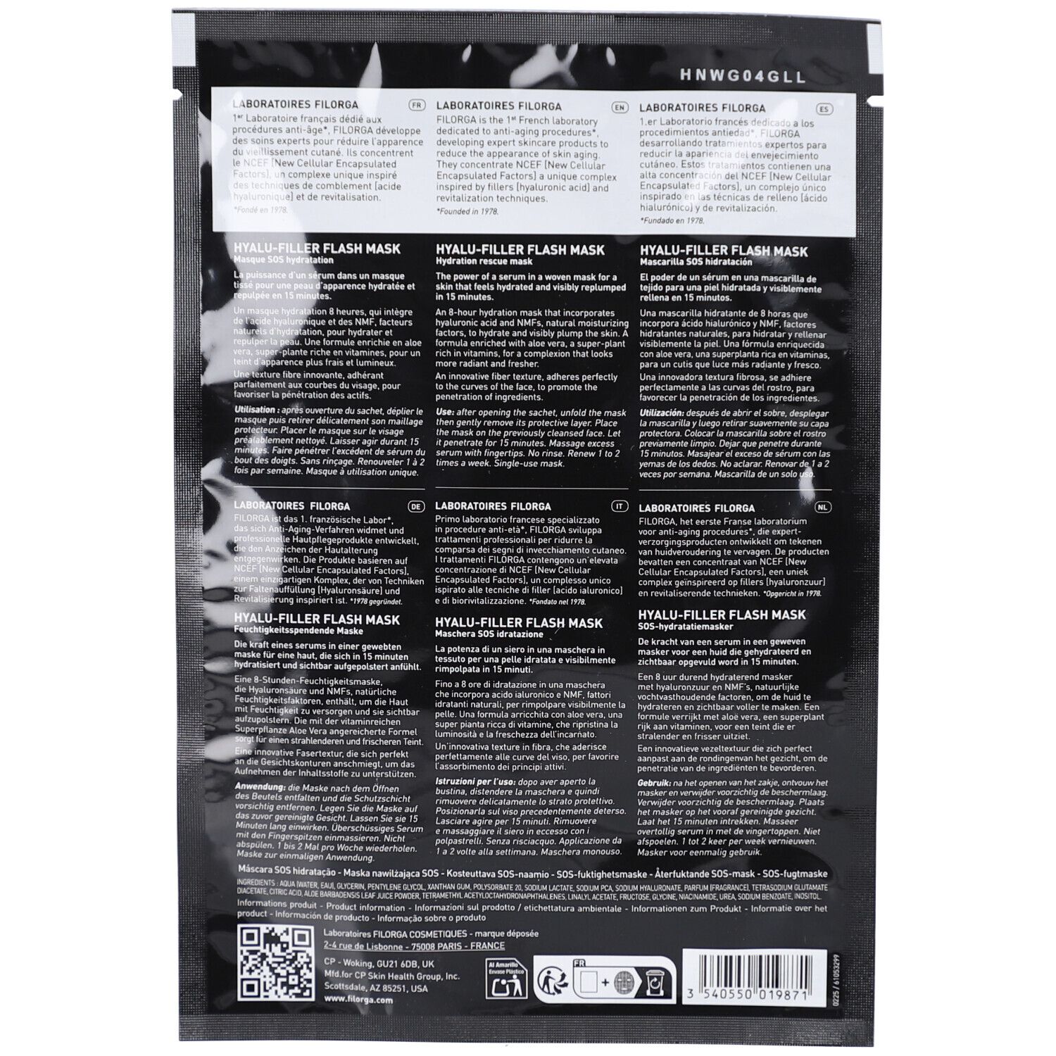 Dos du sachet noir. Texte multilingue. Contient des informations sur le masque facial.