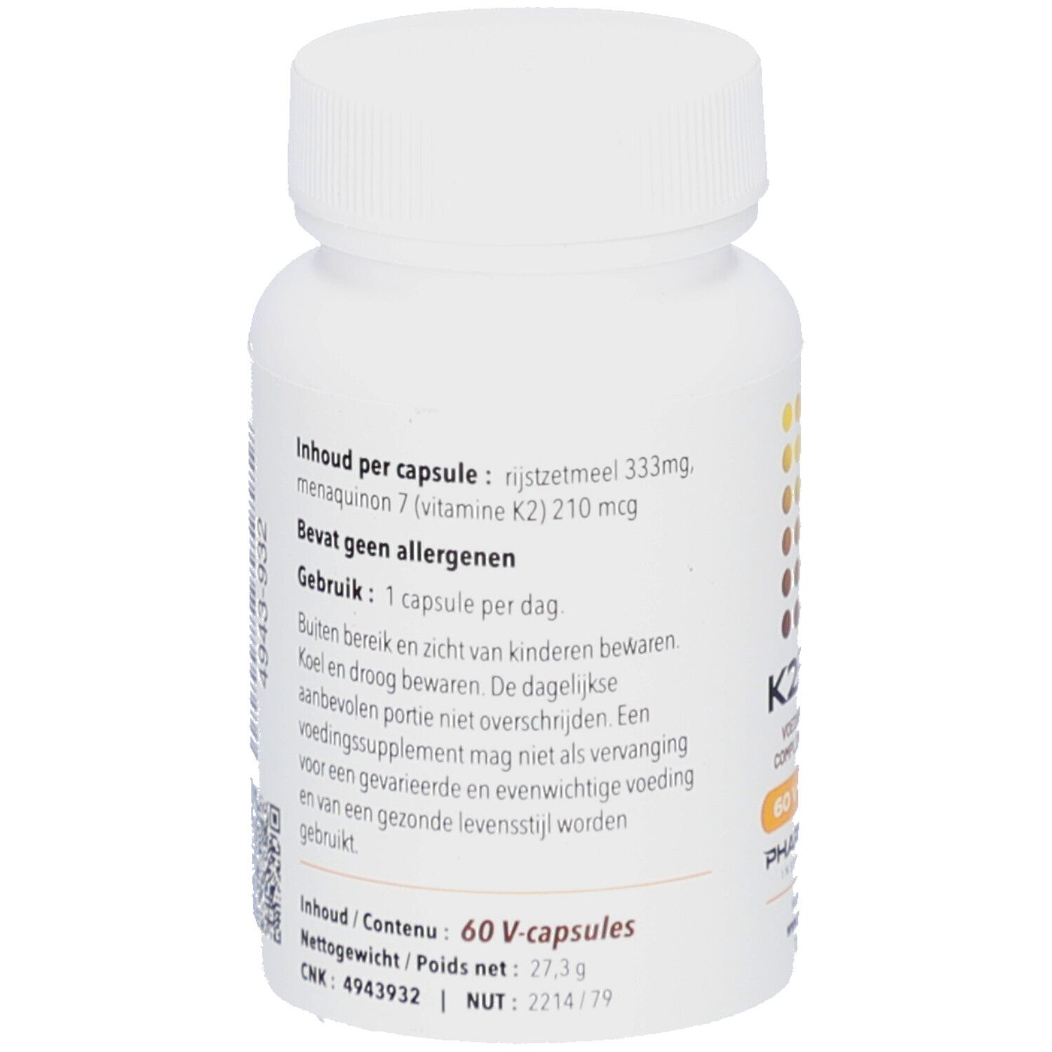 Dos du flacon blanc. Texte: Inhoud per capsule: rijstzetmeel, menaquinon 7, Bevat geen allergenen.