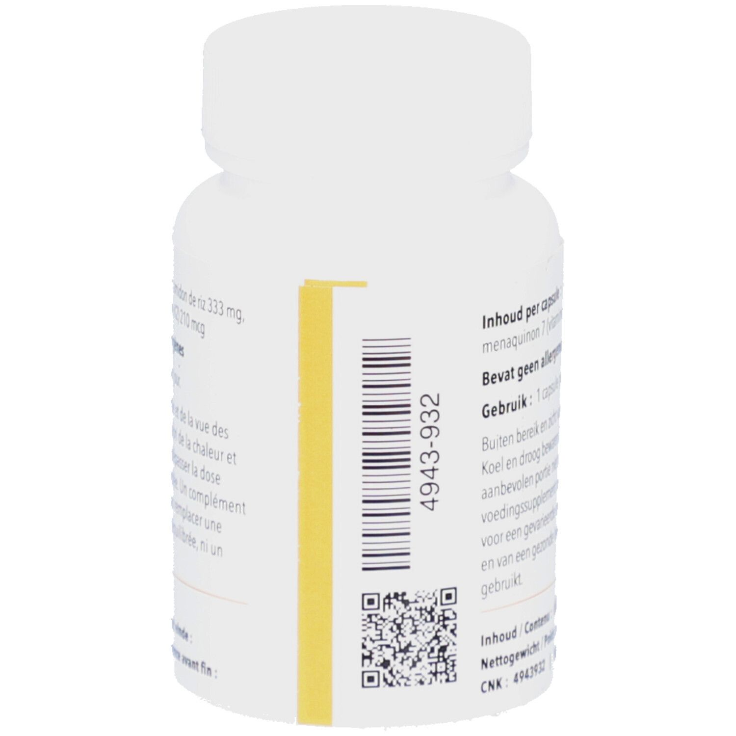 Flacon blanc, vue latérale. Code-barres et QR code. Bande jaune avec texte.