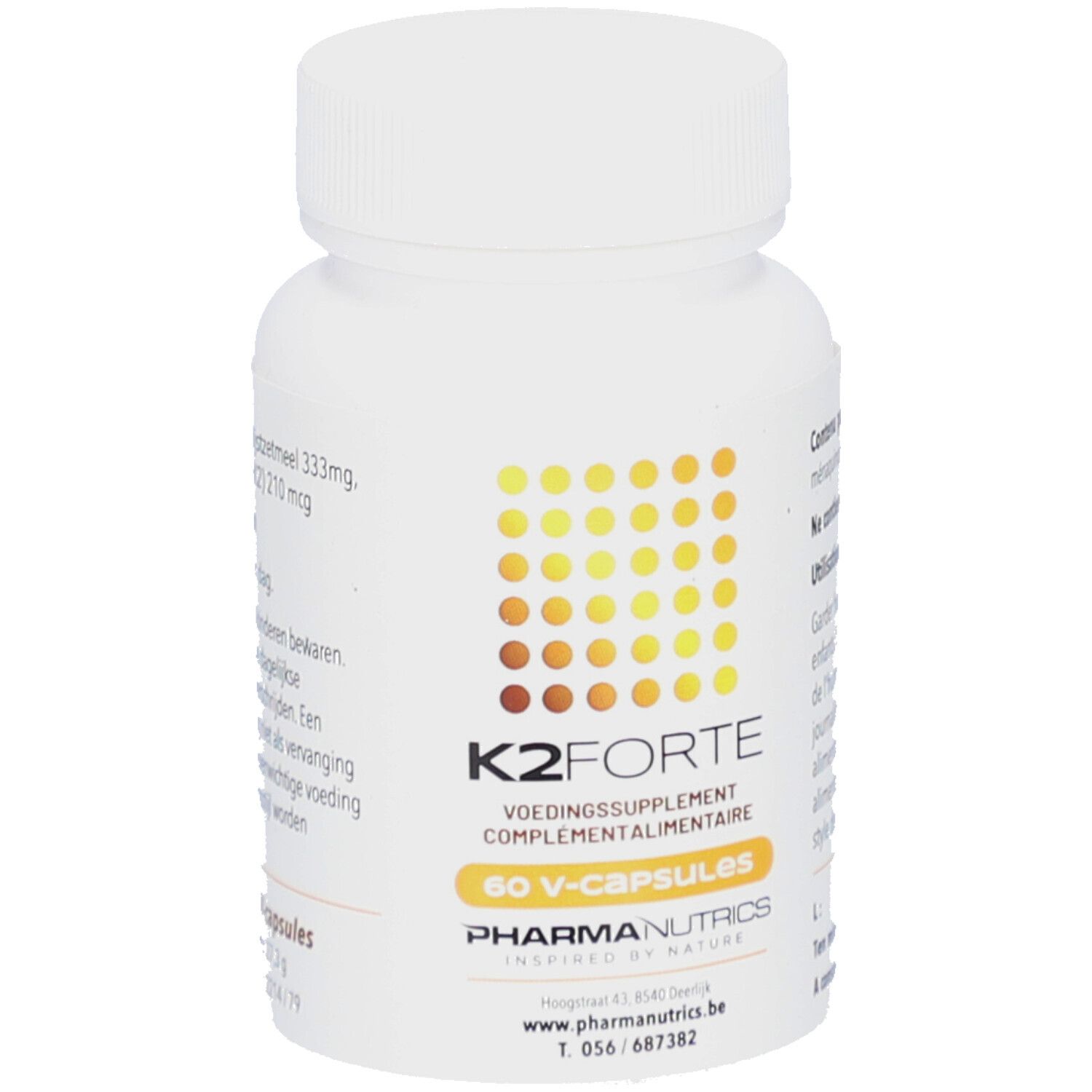 Flacon blanc K2 Forte V-caps. Inscription: 60 V-capsules. Marque: Pharmanutrics.