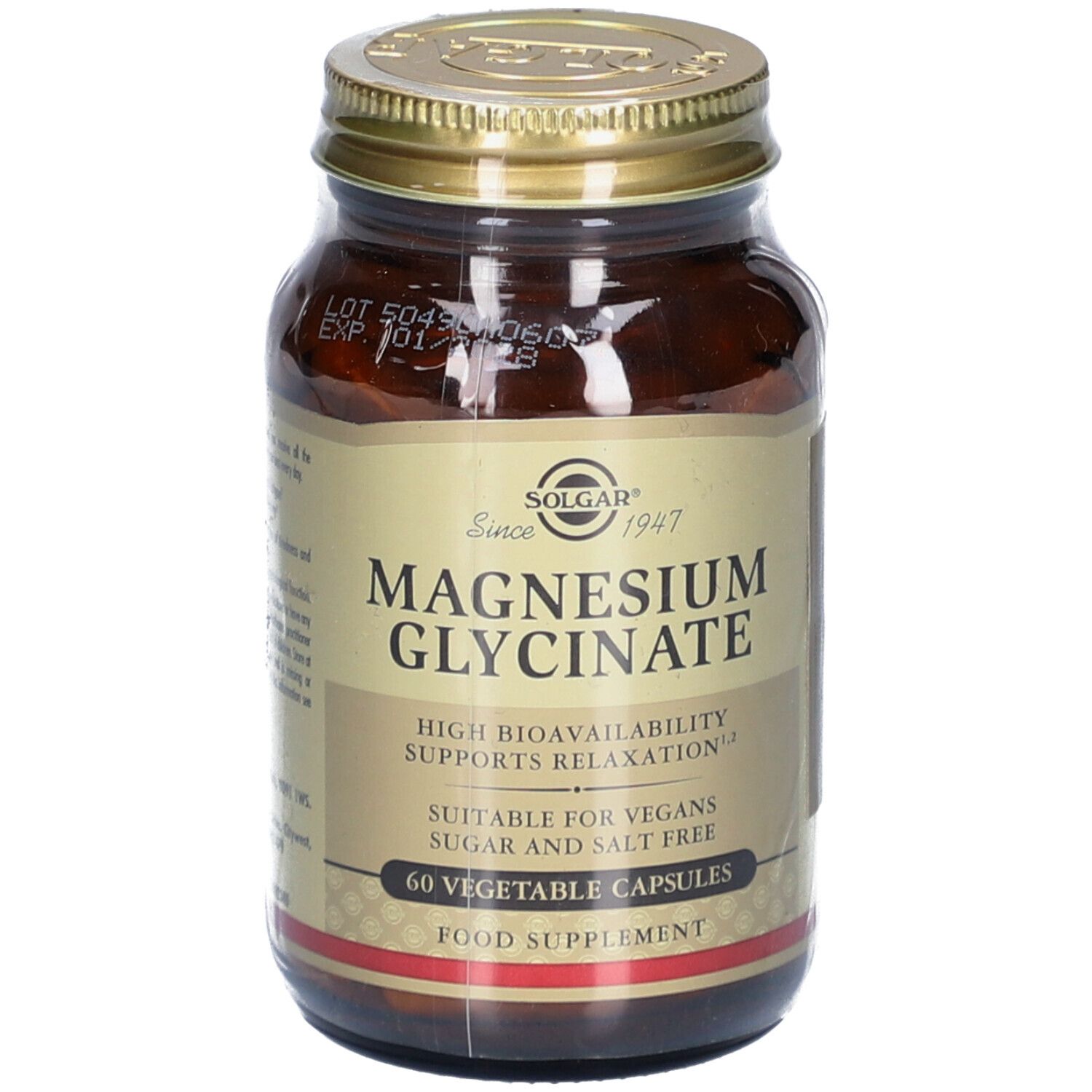 Flacon en verre brun avec couvercle doré. L'étiquette indique "Magnesium Glycinate" de Solgar. Contient 60 gélules.