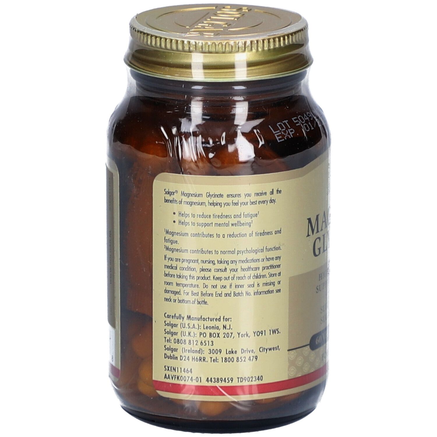 Dos d'un flacon en verre brun avec couvercle doré. Informations textuelles sur le Magnesium Glycinate de Solgar.