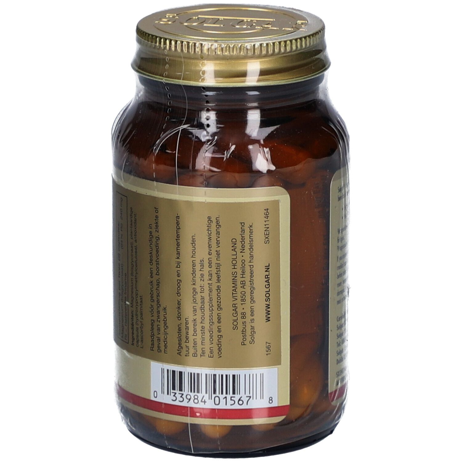 Dos d'un flacon en verre brun avec couvercle doré. Étiquette avec informations sur Solgar Vitamins Holland.