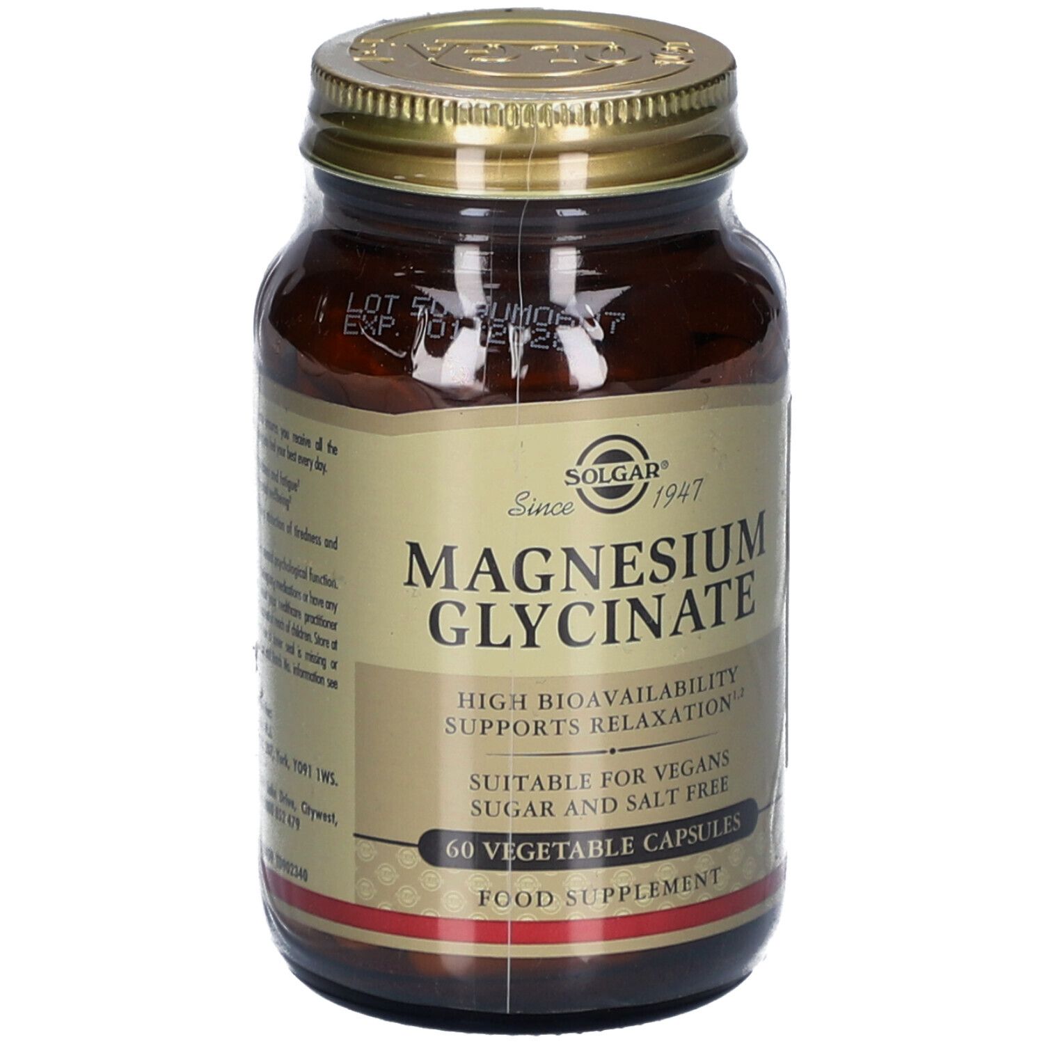 Flacon en verre brun avec couvercle doré. L'étiquette indique "Magnesium Glycinate" de Solgar. Contient 60 gélules.