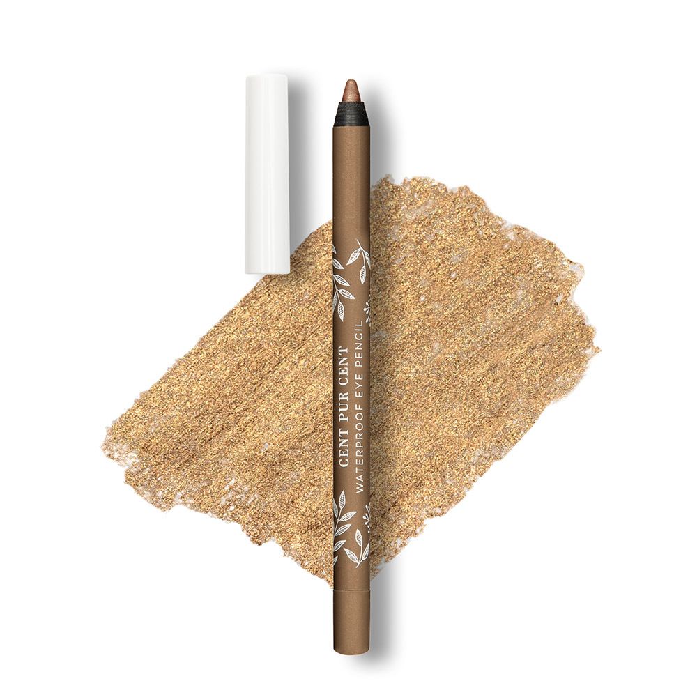 Crayon pour les yeux Cent Pur Cent Waterproof Eye Pencil avec capuchon blanc et traces dorées.