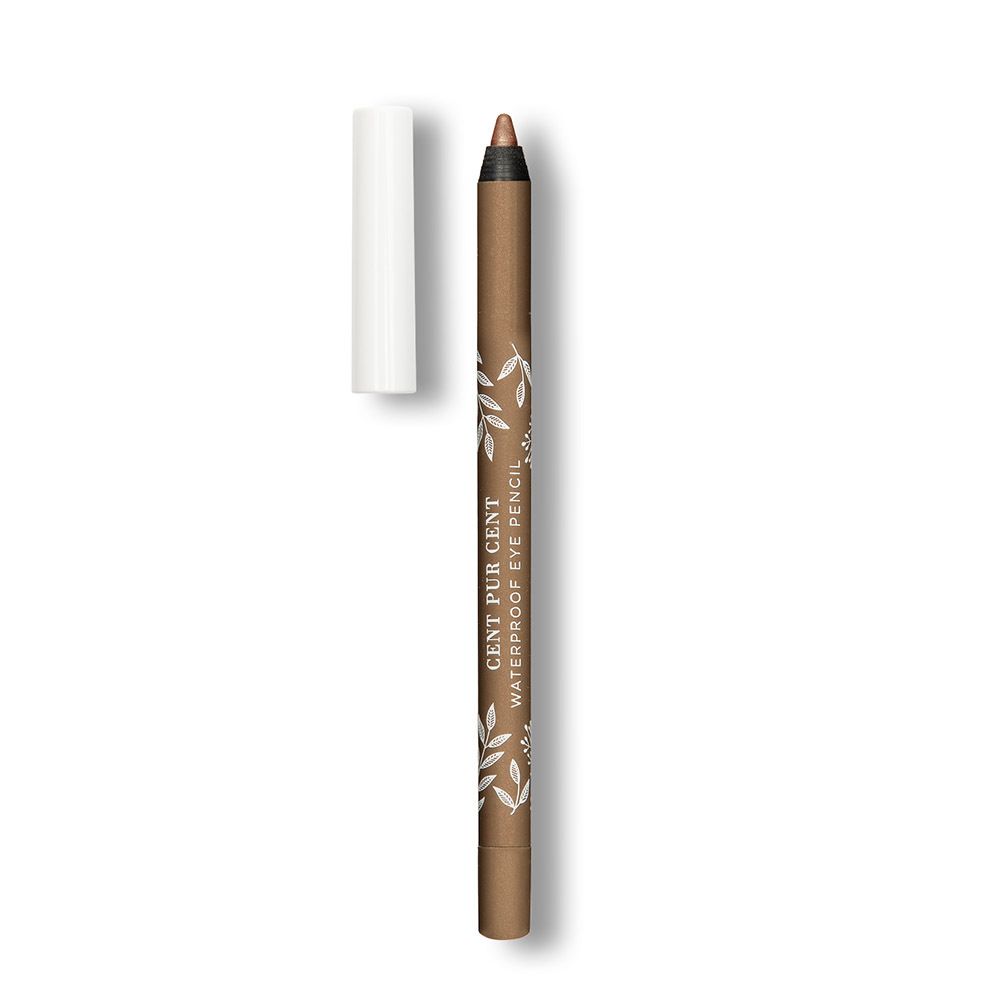 Crayon pour les yeux brun Cent Pur Cent Waterproof Eye Pencil. Capuchon blanc. Décor de feuilles.