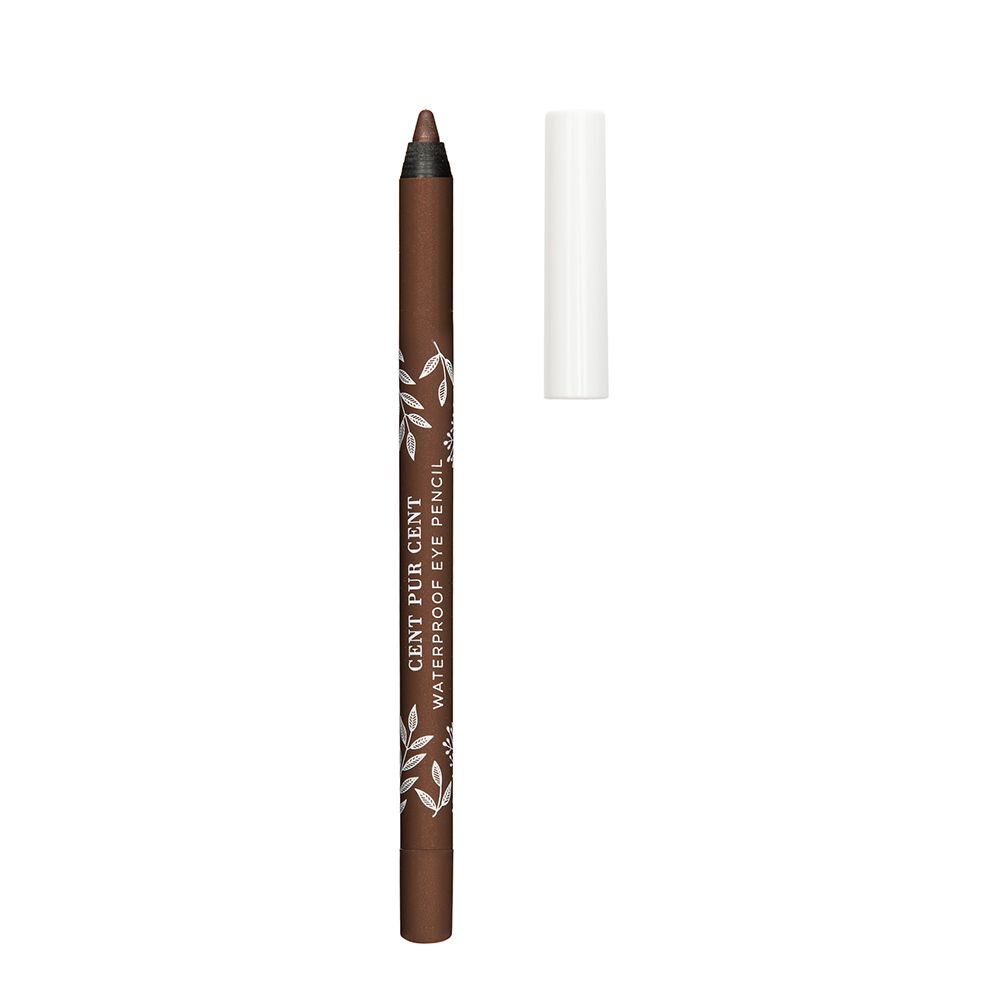Crayon pour les yeux brun avec capuchon blanc. Inscription : Cent Pur Cent Waterproof Eye Pencil.