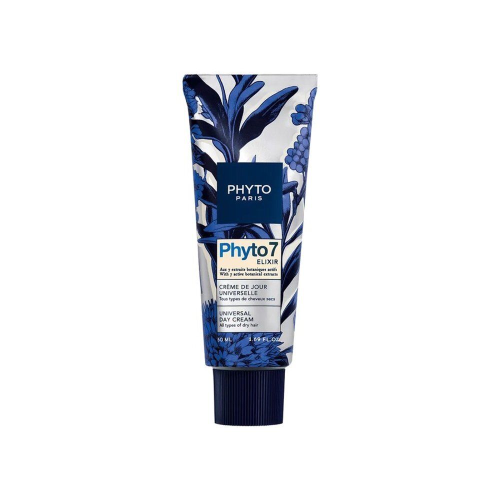 Tube Phyto Paris Phyto 7 Elixir Crème de jour universelle. Motifs floraux bleus et blancs. Informations produit.