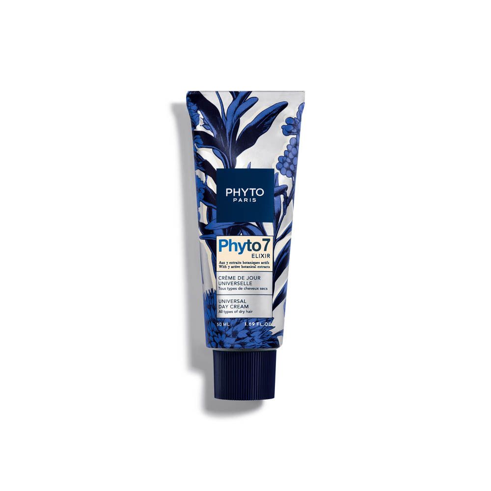 Tube Phyto Paris Phyto 7 Elixir Crème de jour universelle. Motifs floraux bleus et blancs. Informations produit.