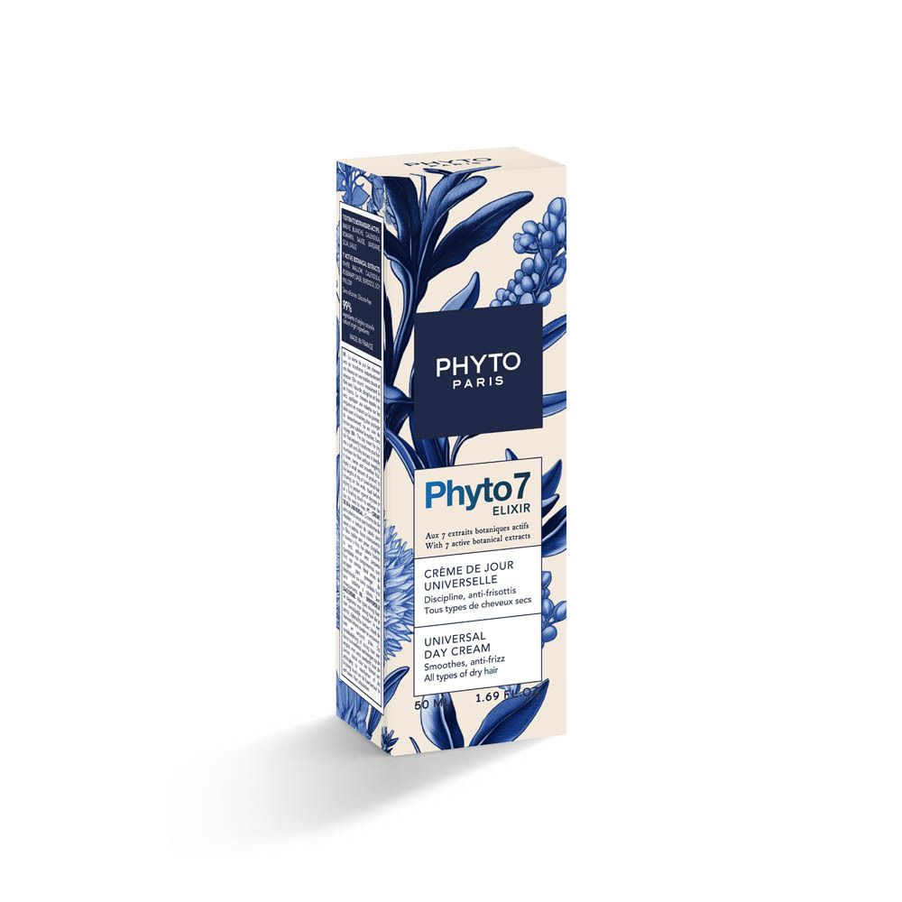 Emballage Phyto Paris Phyto 7 Elixir Crème de jour universelle. Motifs floraux bleus et blancs. Informations produit.