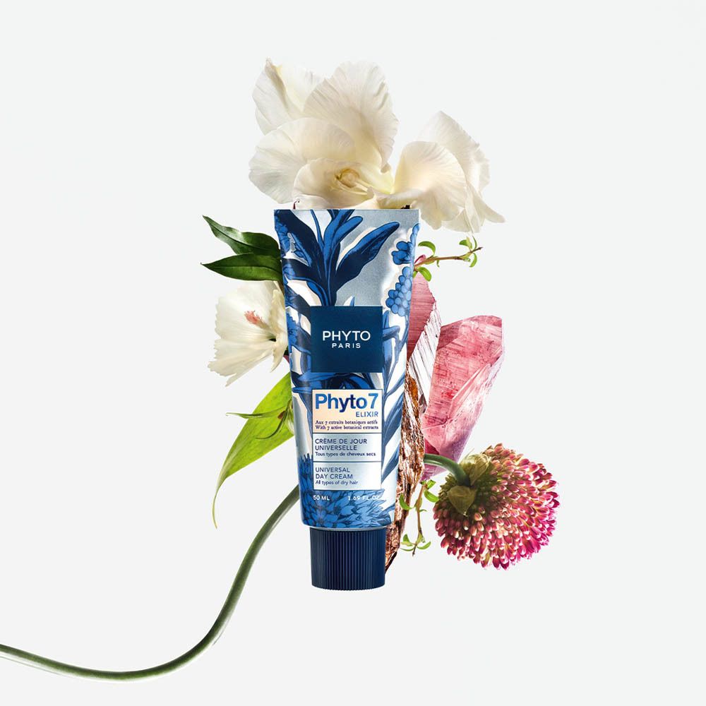 Tube Phyto Paris Phyto 7 Elixir Crème de jour universelle. Décoré de fleurs et de cristaux.
