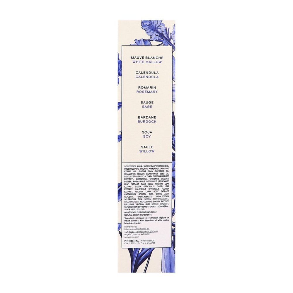 Dos de l'emballage du produit. Ingrédients et informations imprimés. Motif floral.