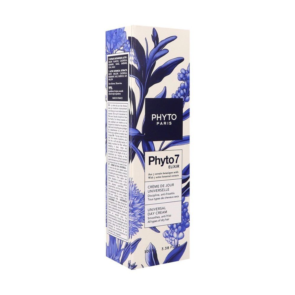 Emballage du produit. Inscription : Phyto Paris, Phyto 7 Elixir, Crème de jour universelle, Universal Day Cream.