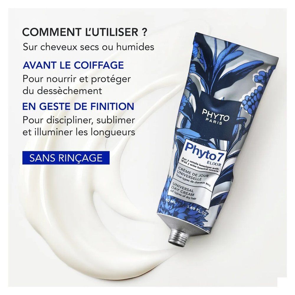 Tube de crème avec motif floral. Inscription : Phyto Paris, Phyto 7 Elixir, Crème de jour universelle, Universal Day Cream.