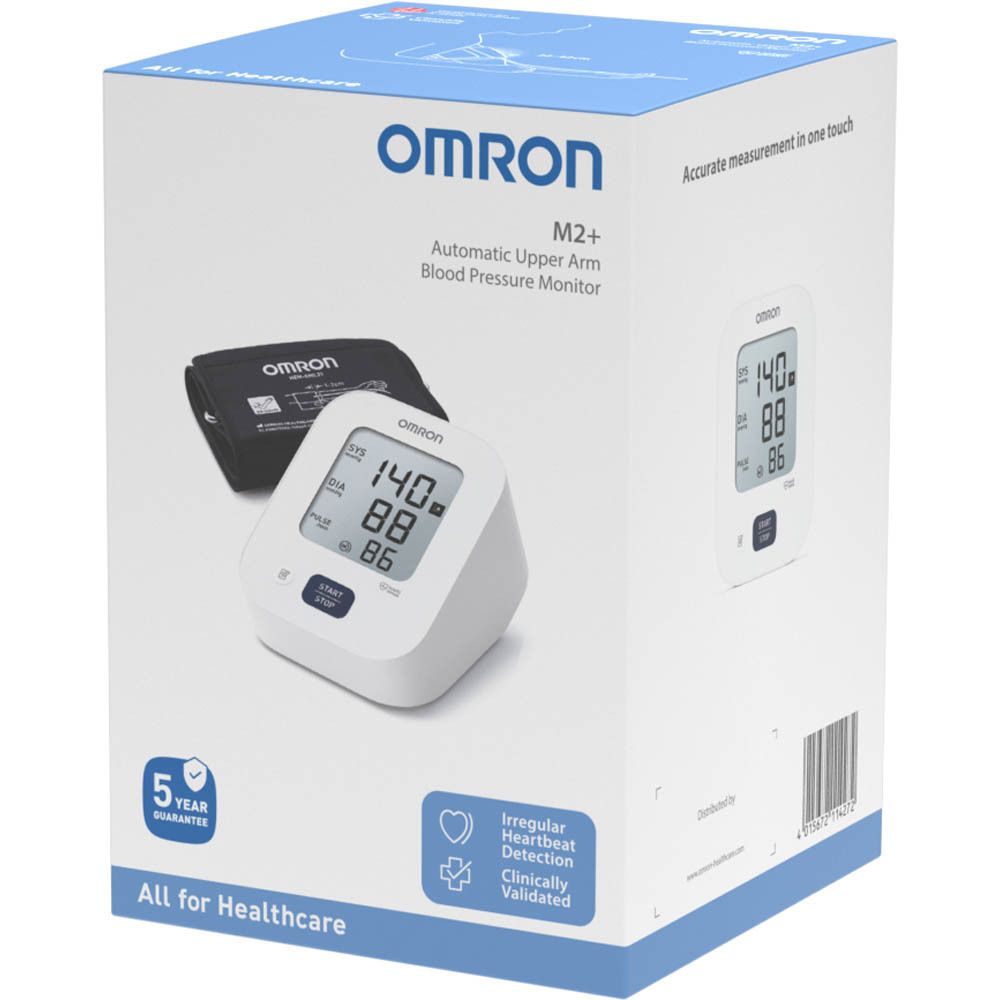 Boîte du tensiomètre Omron M2+. Boîte blanche avec image et texte du produit. Validé cliniquement.