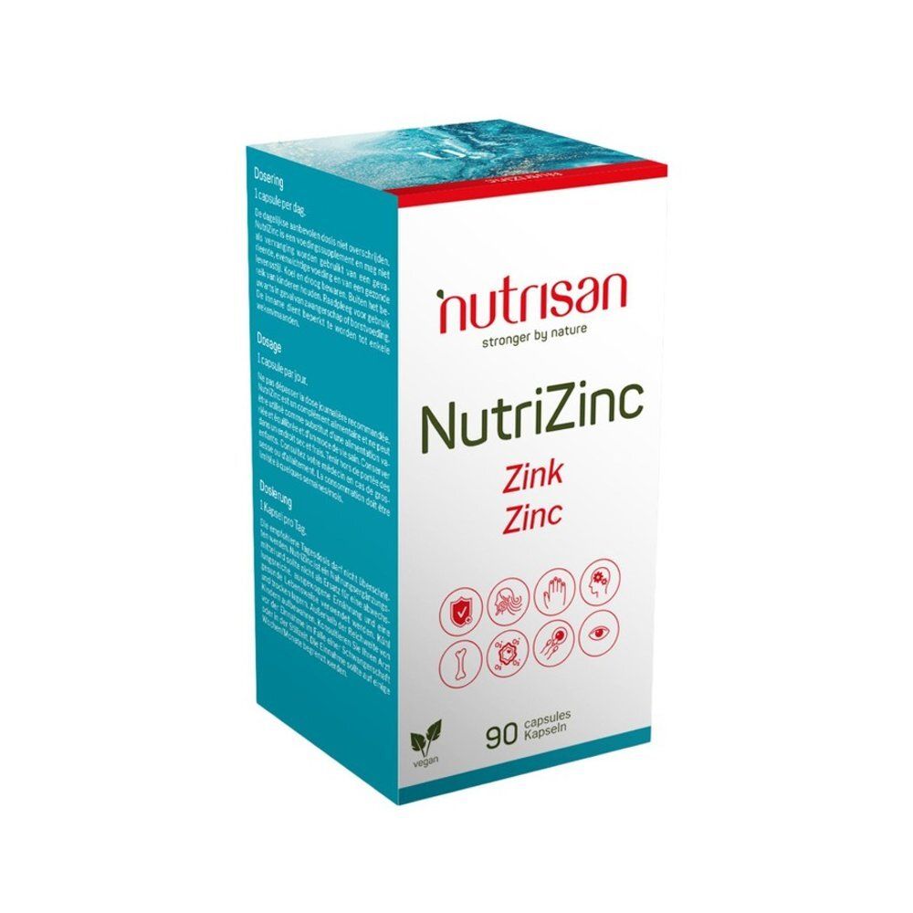 Emballage du produit. Inscription: Nutrisan NutriZinc, 90 gélules. Contient du zinc. Vegan.