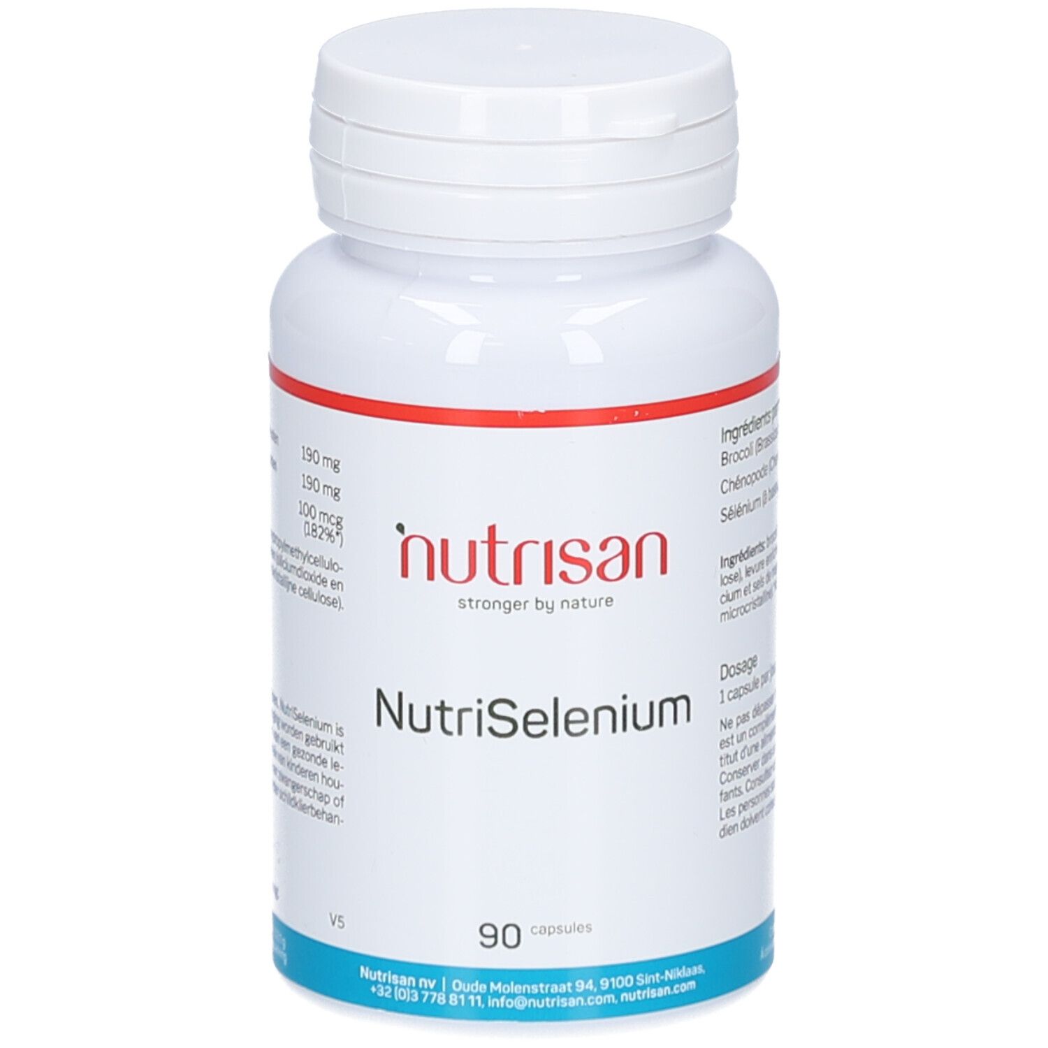 Flacon blanc Nutrisan NutriSelenium. Ingrédients, posologie et informations nutritionnelles. 90 gélules.