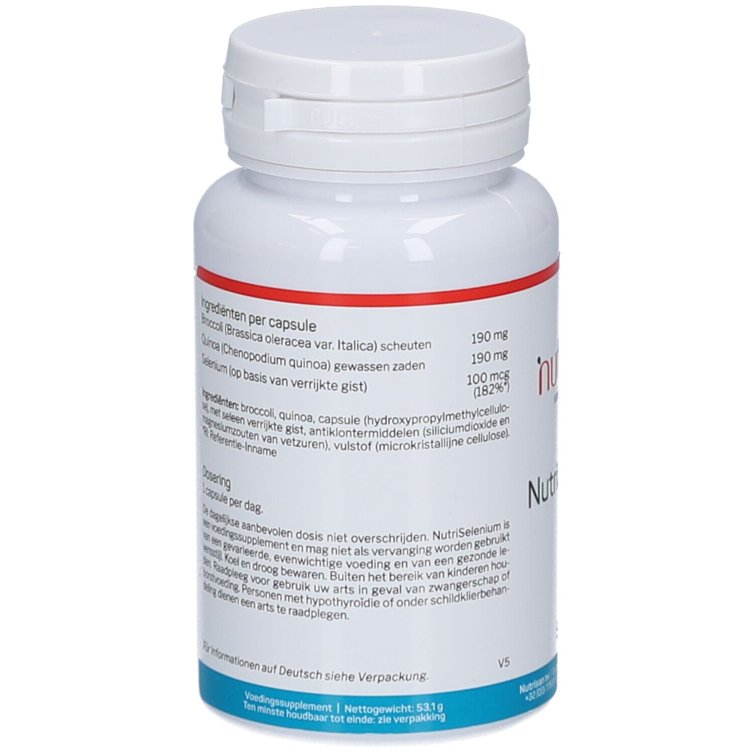 Dos du flacon blanc Nutrisan NutriSelenium. Ingrédients par gélule, posologie et avertissements.