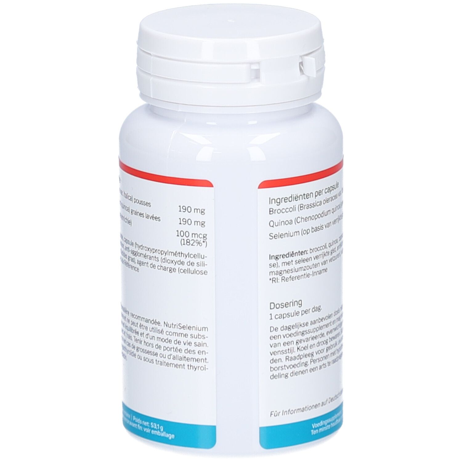 Dos du flacon blanc Nutrisan NutriSelenium. Ingrédients par gélule, posologie et avertissements.