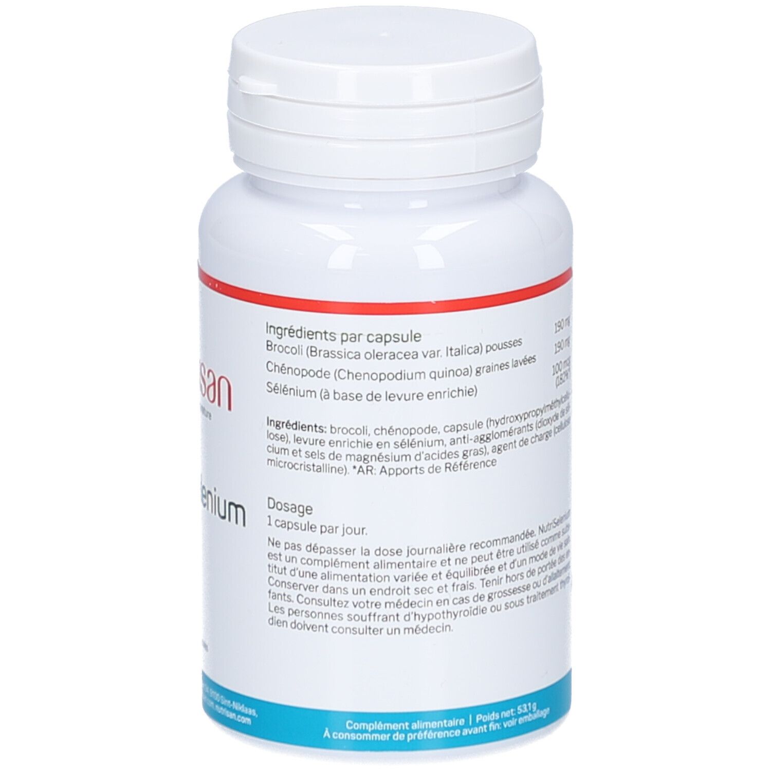 Dos du flacon blanc Nutrisan NutriSelenium. Ingrédients par gélule, posologie et avertissements.