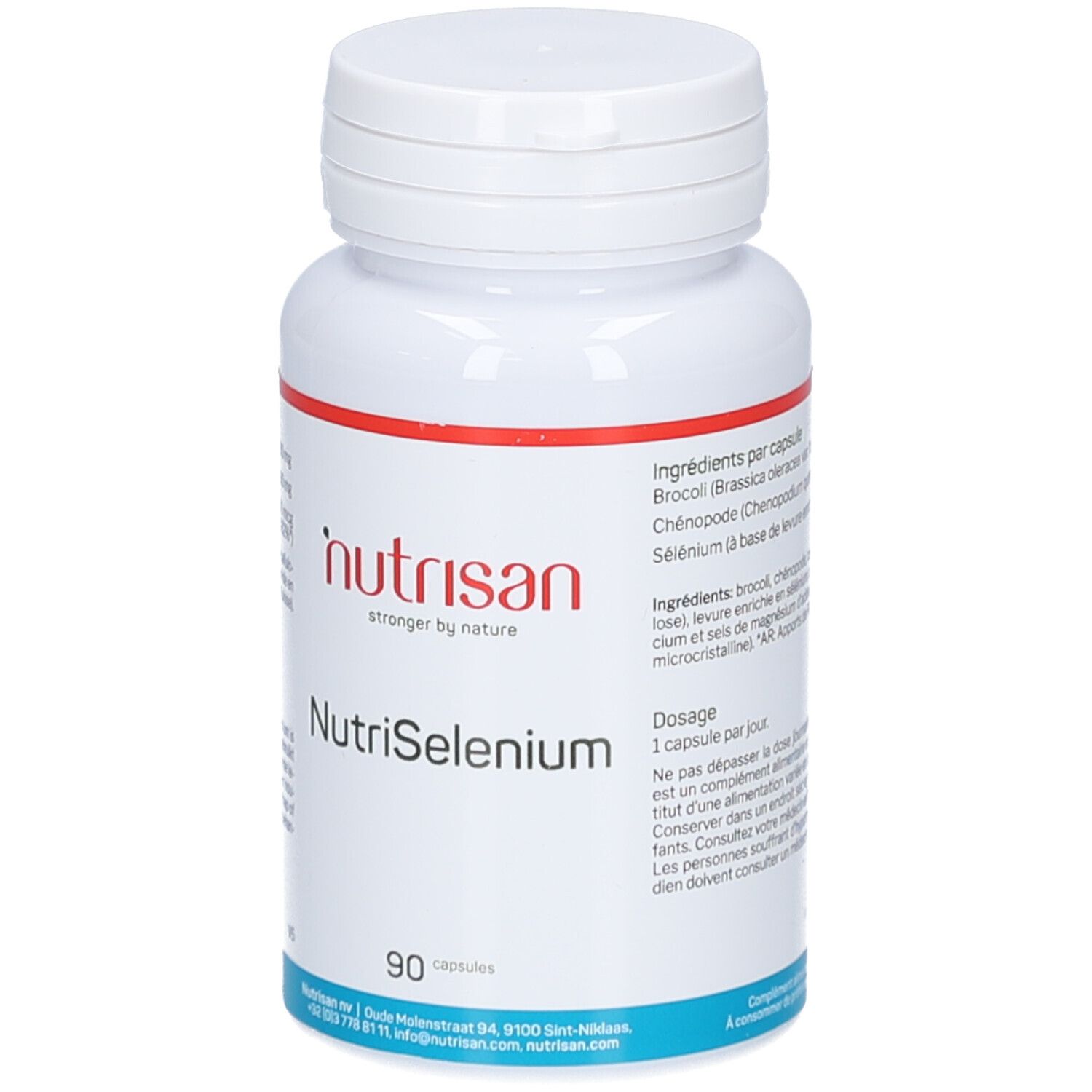 Flacon blanc Nutrisan NutriSelenium. Ingrédients, posologie et informations nutritionnelles. 90 gélules.