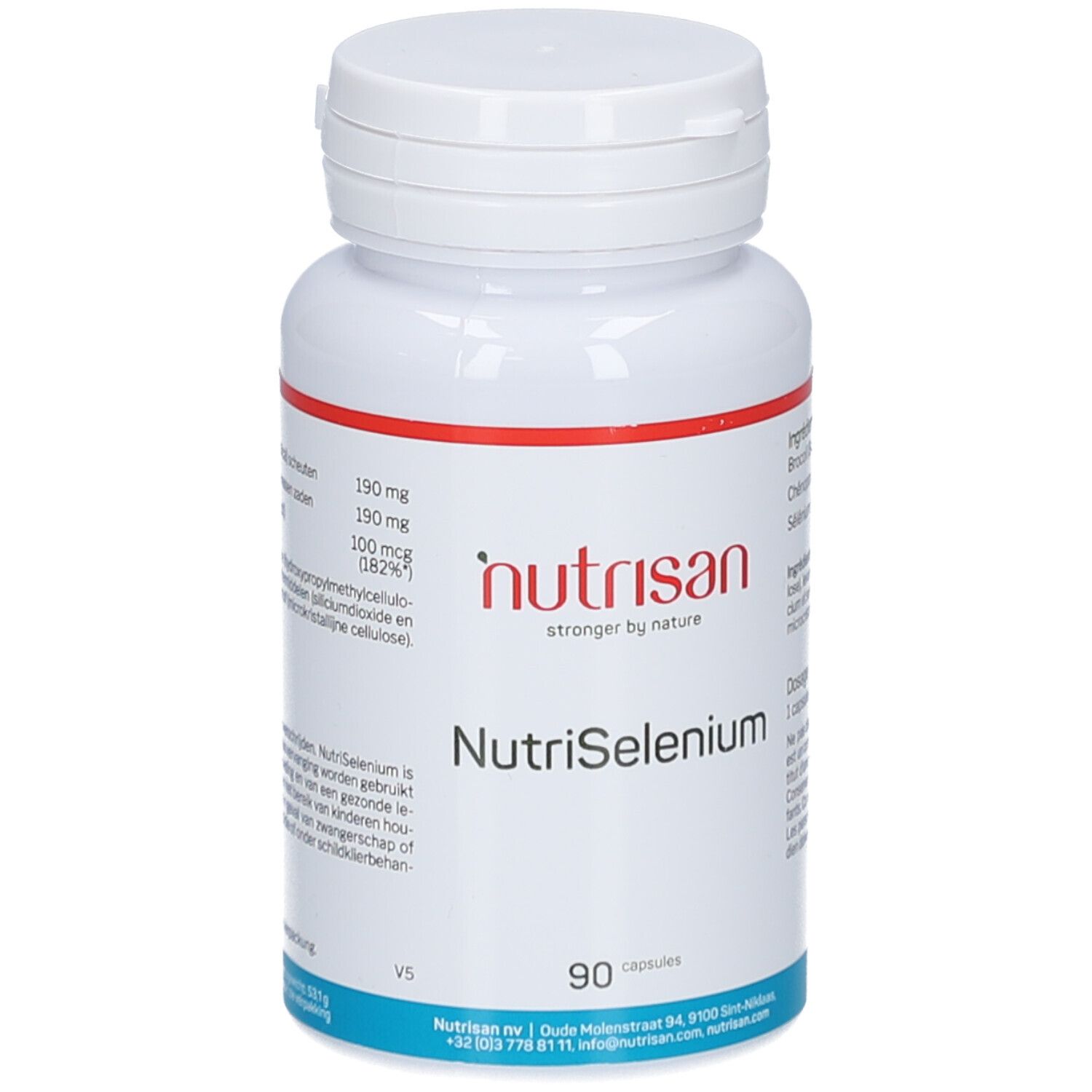 Flacon blanc Nutrisan NutriSelenium. Ingrédients, posologie et informations nutritionnelles. 90 gélules.
