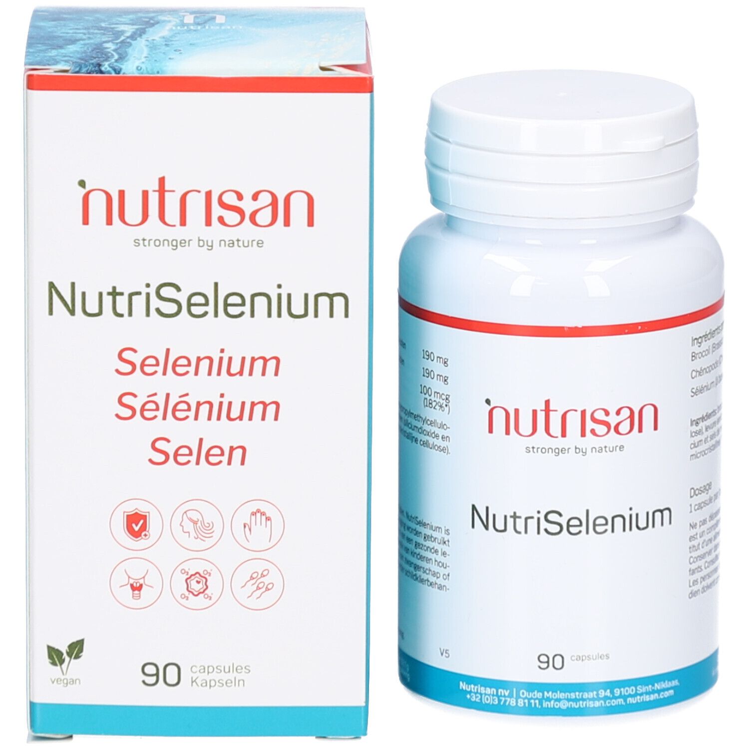 Boîte et flacon Nutrisan NutriSelenium. Boîte avec nom du produit, 90 gélules. Flacon avec ingrédients.