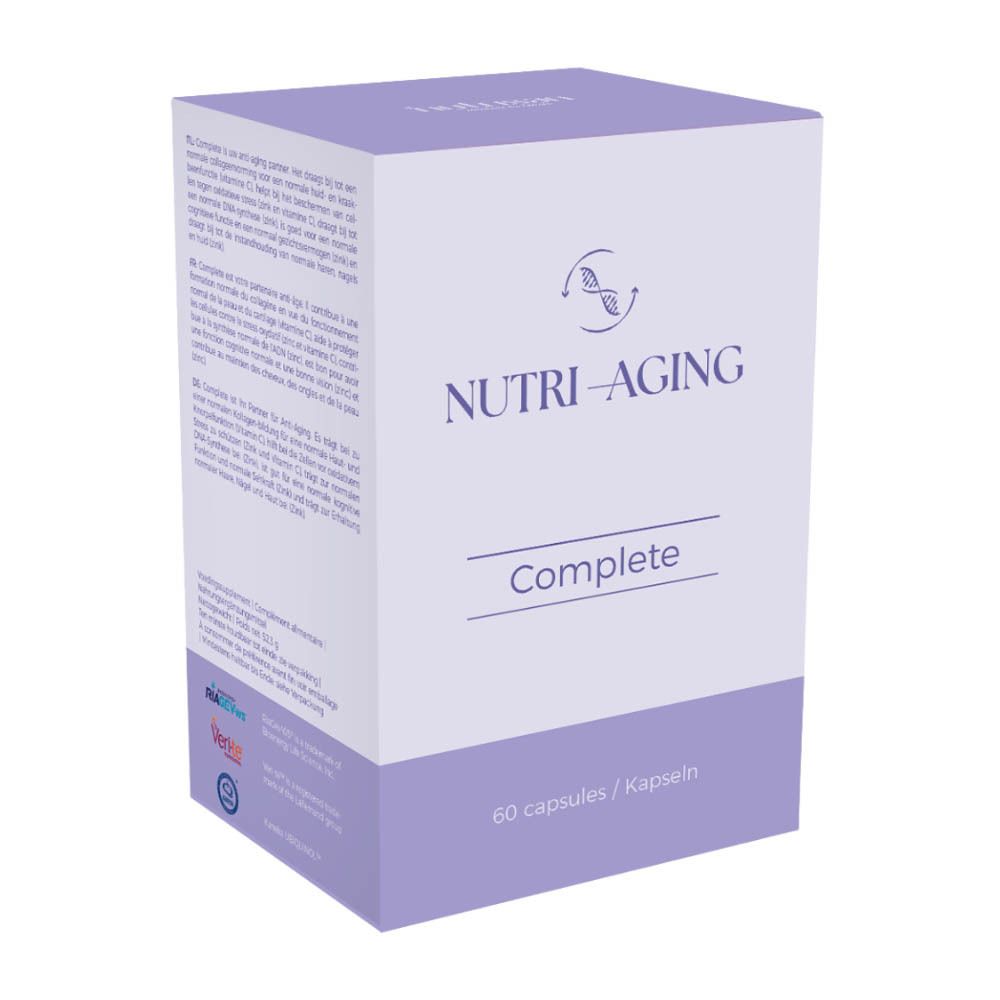 Côté de la boîte Nutrisan Nutri-Aging Complete. Inscription: Nutri-Aging Complete, 60 capsules. Violet et blanc.