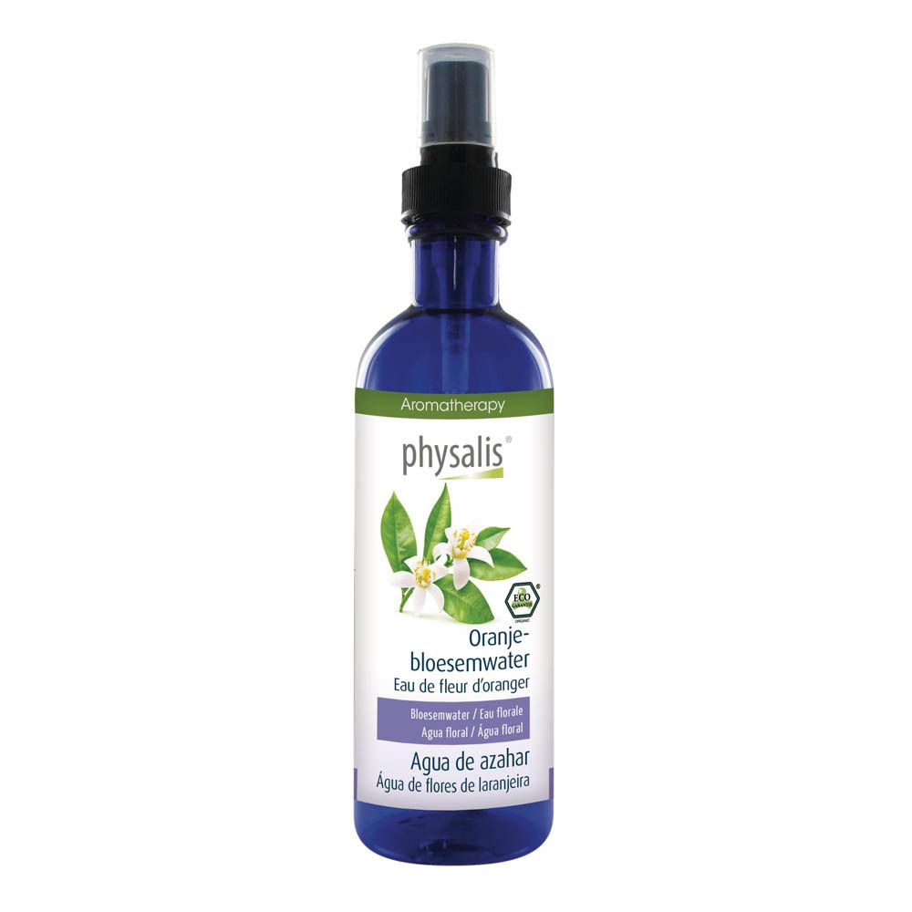 Flacon bleu avec vaporisateur. Inscription: Physalis, Eau de fleur d'oranger. Aromathérapie. Illustrations de fleurs et de feuilles.