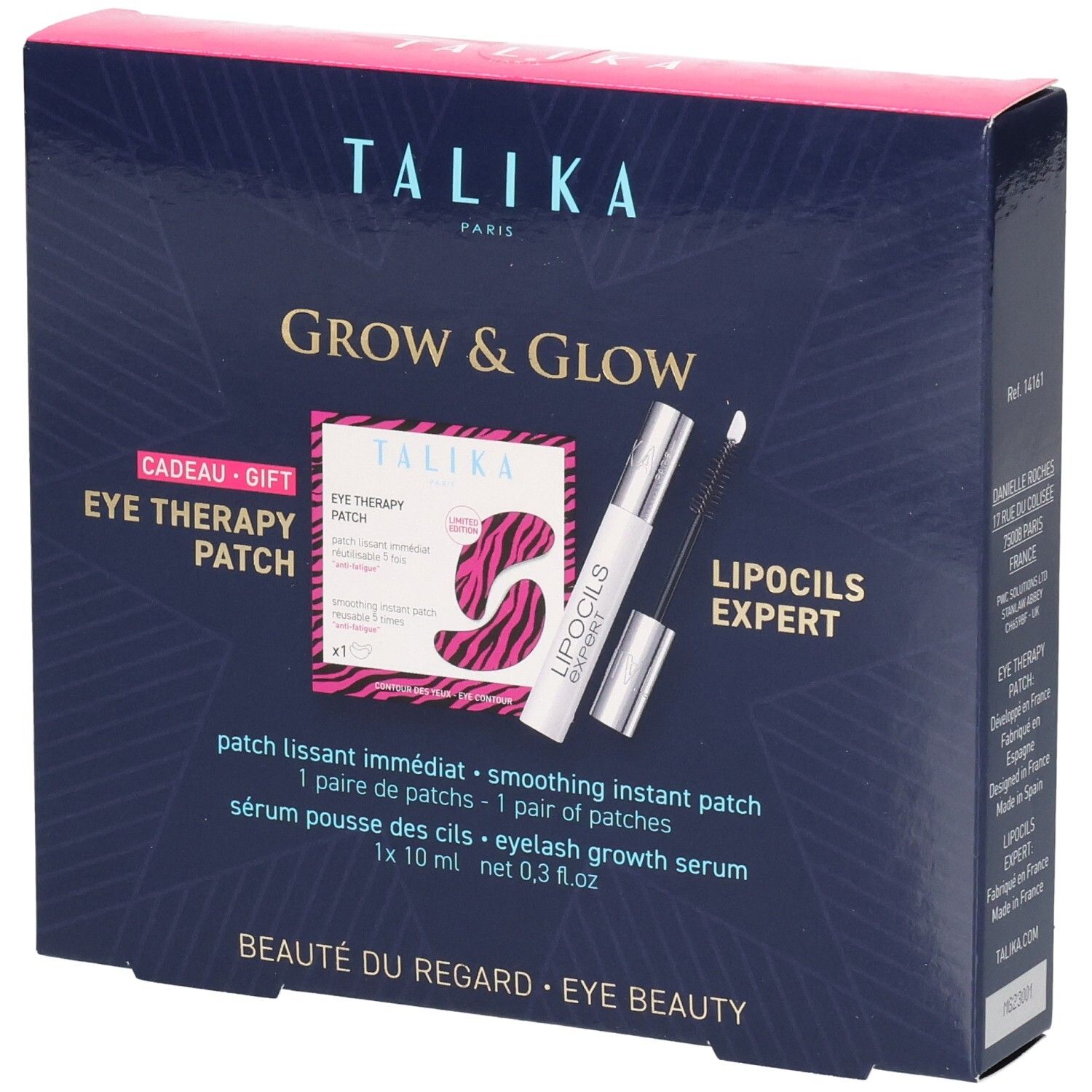 Coffret cadeau Talika. Contient Eye Therapy Patch et Lipocils Expert. Inscription: Grow & Glow, Beauté du regard.