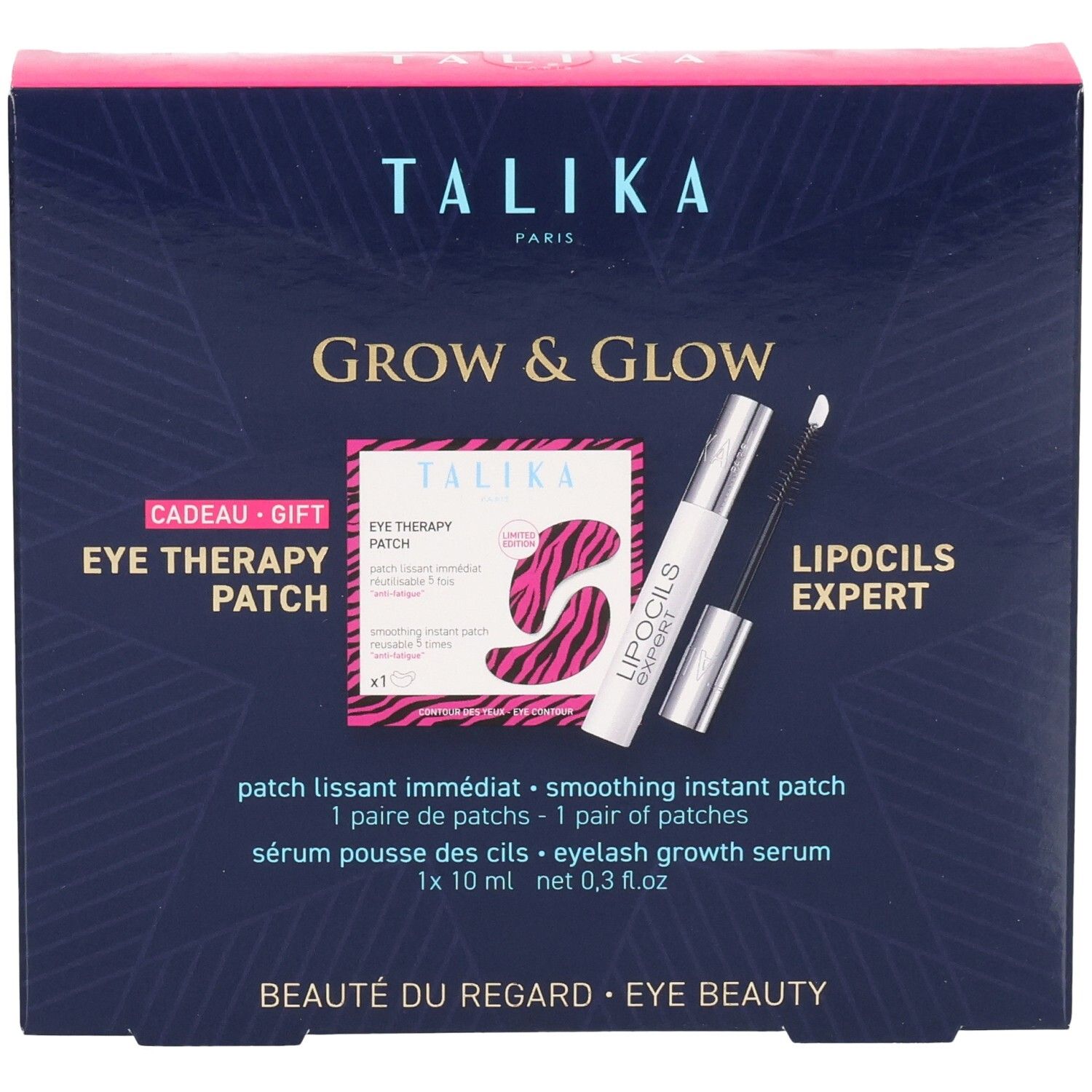 Coffret cadeau Talika. Contient Eye Therapy Patch et Lipocils Expert. Inscription: Grow & Glow, Beauté du regard.