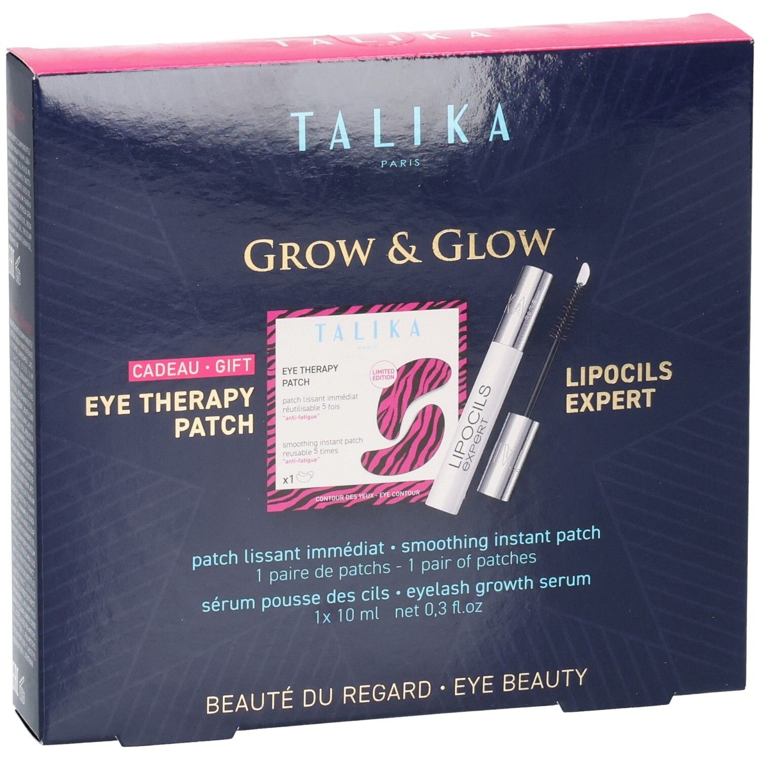 Coffret cadeau Talika. Contient Eye Therapy Patch et Lipocils Expert. Inscription: Grow & Glow, Beauté du regard.