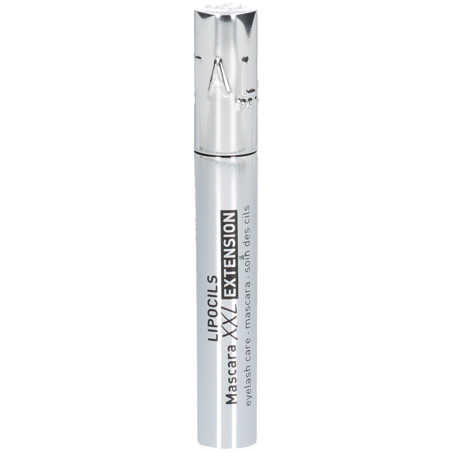 Tube de mascara argenté avec bouchon argenté. Inscriptions: LIPOCILS XXL EXTENSION, eyelash care - soin des cils.