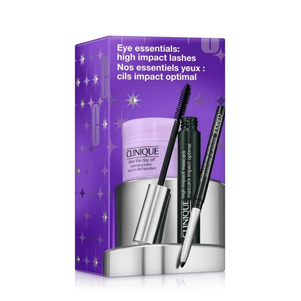 Coffret Clinique Eye Essentials. Mascara, eyeliner et démaquillant. Coffret cadeau violet avec produits.