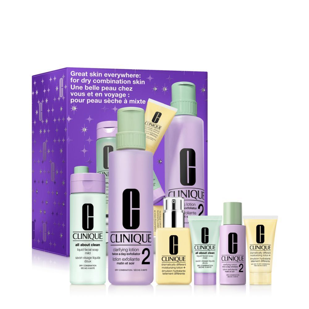 Coffret Clinique pour peaux mixtes à sèches. Contient plusieurs produits de différentes tailles et formes. Emballé dans une boîte violette.