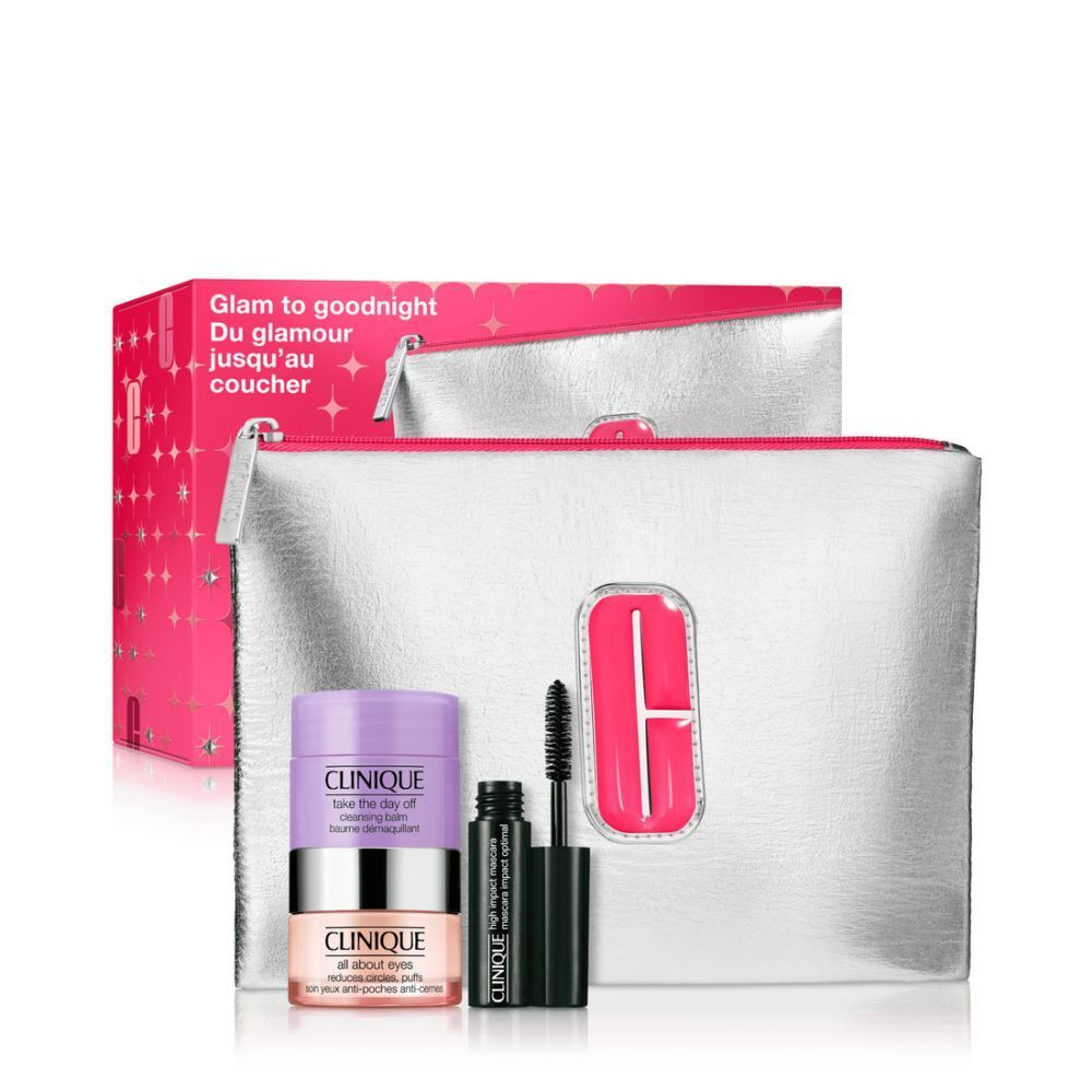 Trousse de maquillage argentée avec fermeture éclair rose et logo Clinique. Contient crème yeux, mascara et démaquillant.