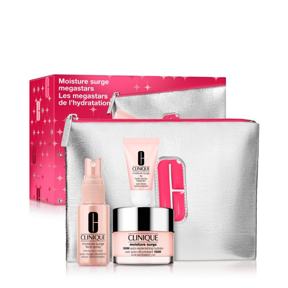 Coffret cadeau de produits cosmétiques. Comprend une trousse argentée, des crèmes et des sprays. Marque Clinique.