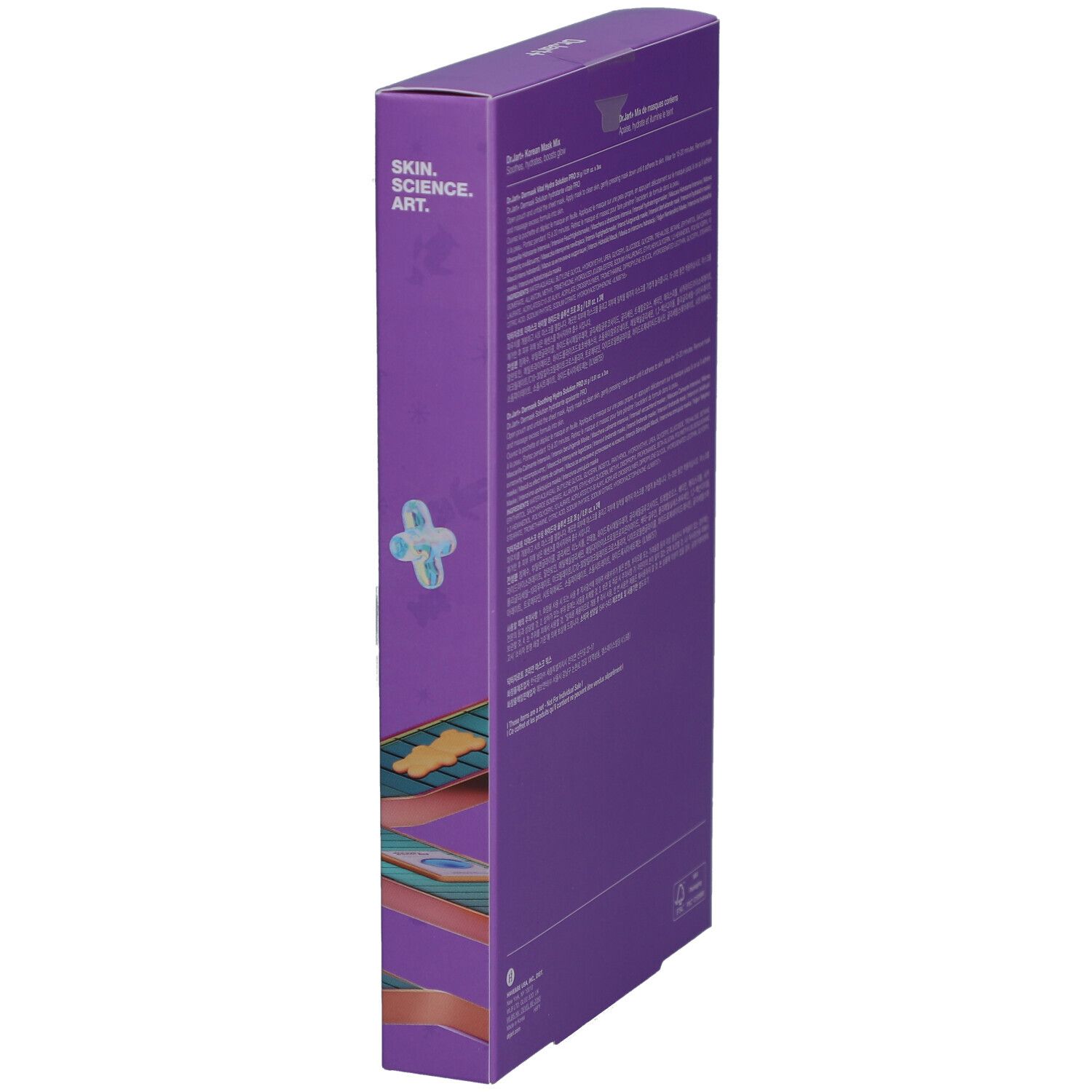Vue latérale de la boîte. Texte: Skin. Science. Art.