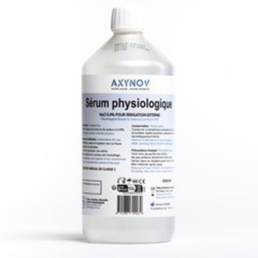Bouteille de sérum physiologique Axynov, 1000ml, pour irrigation externe.