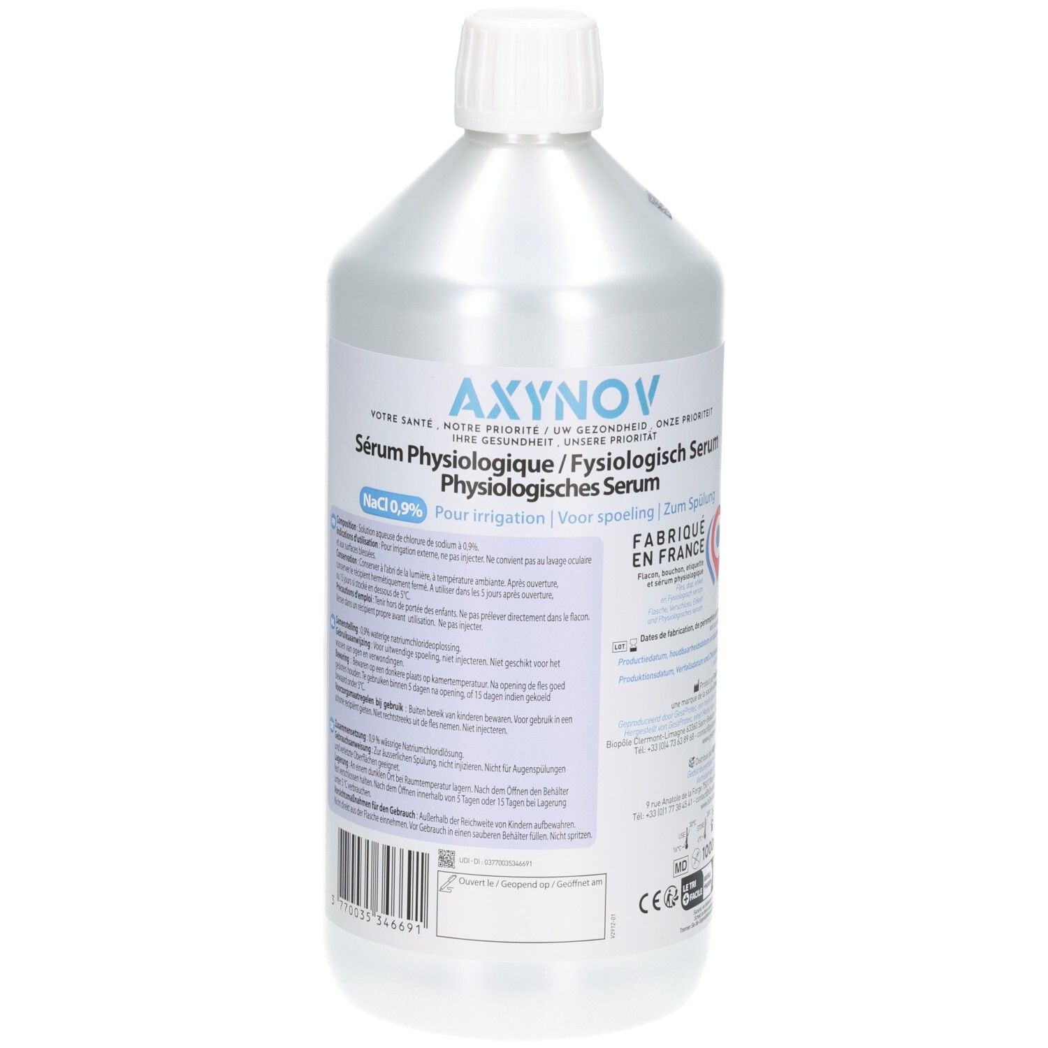 Flacon de sérum physiologique (NaCl 0,9%) AXnov, pour irrigation, fabriqué en France.