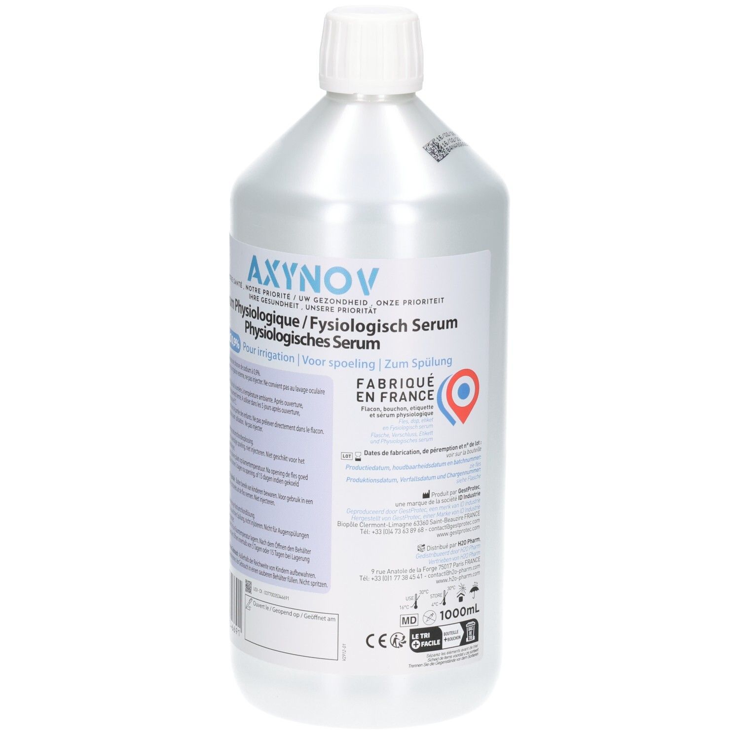 Flacon de 1000ml de sérum physiologique AXNOV, fabriqué en France.