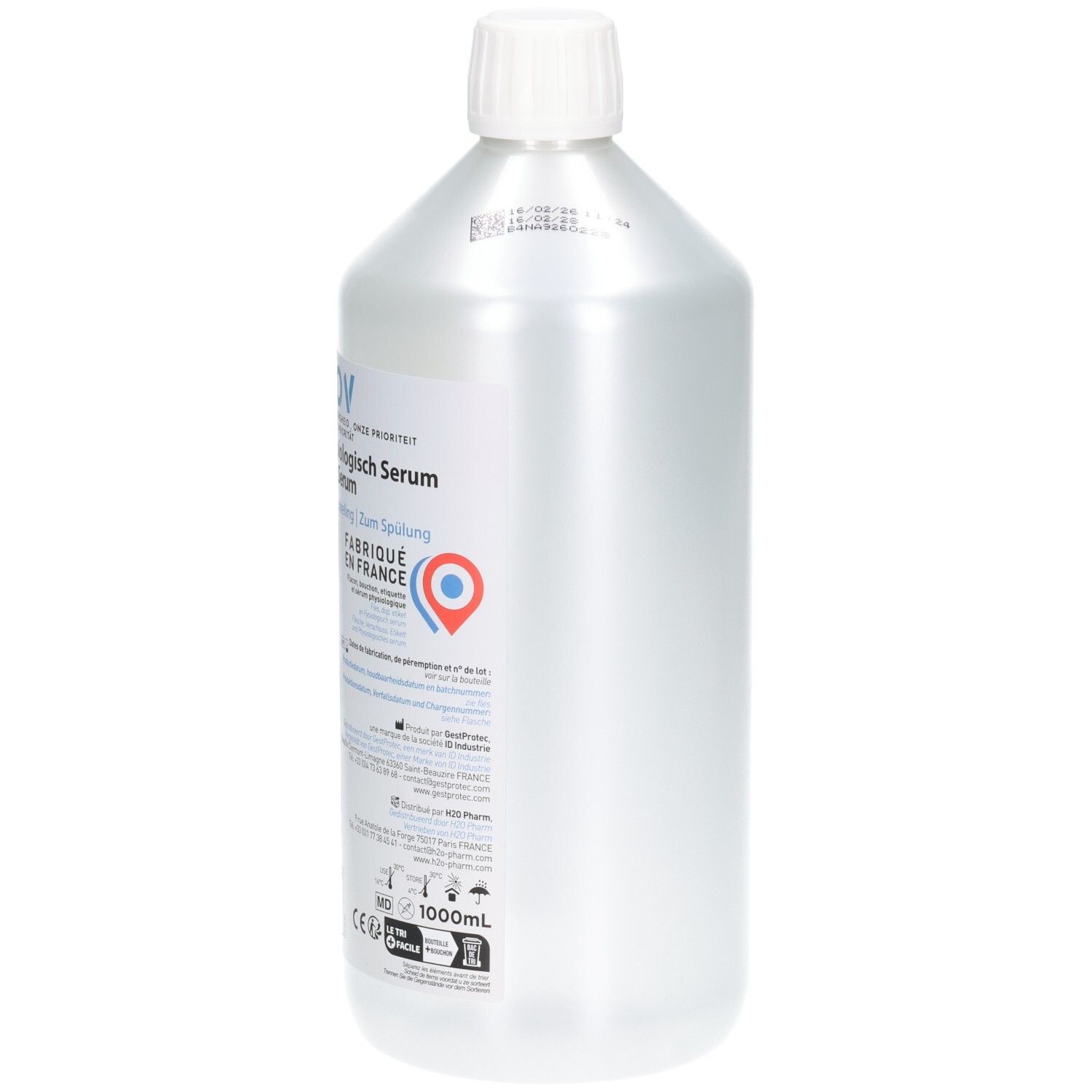 Bouteille transparente de 1000ml avec bouchon à vis blanc. Étiquette avec informations produit et marquage CE.