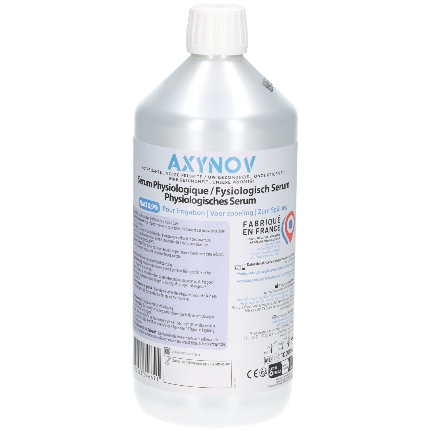 Sérum physiologique AXnov en flacon de 1000ml, fabriqué en France.