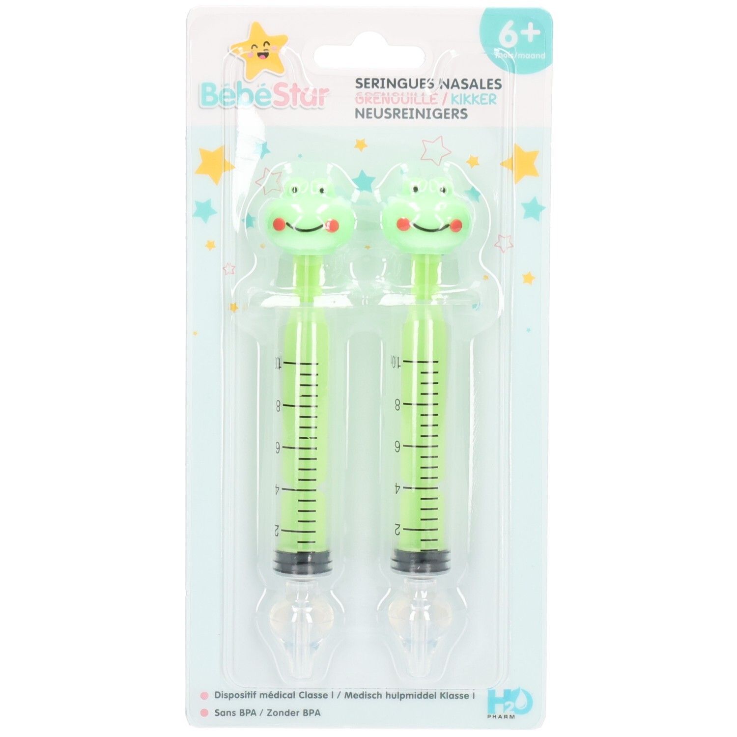 Deux seringues nasales vertes avec design grenouille, échelle 10ml, sans BPA.