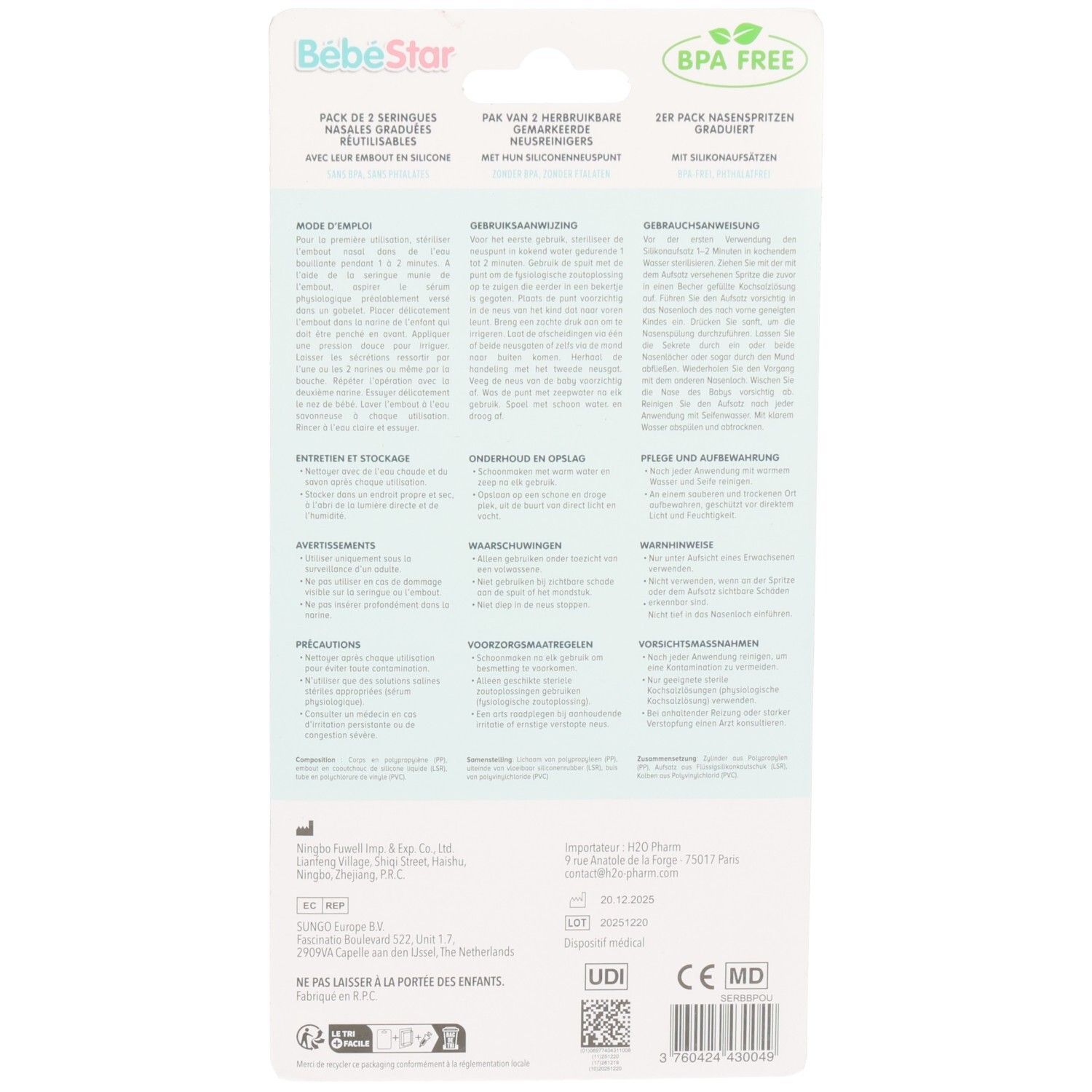 Dos de l'emballage. Texte multilingue. Logo sans BPA. Informations fabricant et importateur.